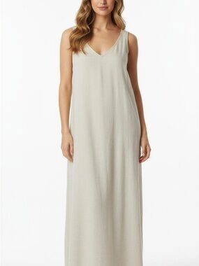 Grade & Gather Sleeveless V-Neck Twisted Shoulder Straps Maxi Dress in Beige
